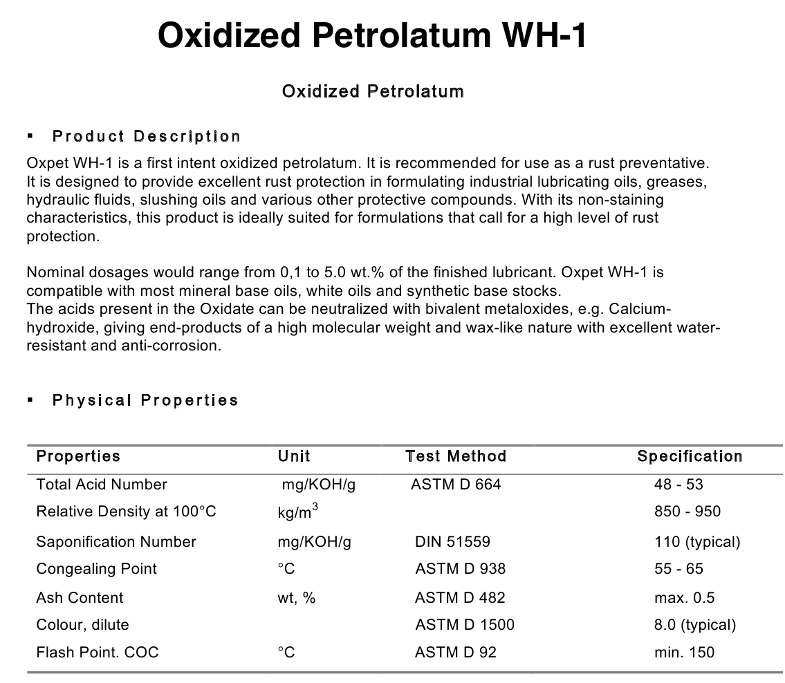 Oxpet WH-1, Spec